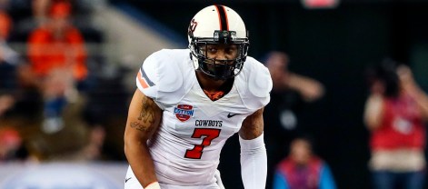 Jan 3, 2014; Arlington, TX, USA; Oklahoma State Cowboys safety Shamiel Gary (7) during the game against the Missouri Tigers in the 2014 Cotton Bowl at AT&T Stadium. Missouri won 41-31. Mandatory Credit: Kevin Jairaj-USA TODAY Sports
