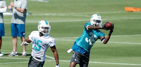 DAVIE, FL - MAY 8: Tony Lippett #36 intercepts the ball intended for Tyler McDonald #15 of the Miami Dolphins during the rookie minicamp on May 8, 2015 at the Miami Dolphins training facility in Davie, Florida. (Photo by Joel Auerbach/Getty Images) *** Local Caption *** Tyler McDonald;Tony Lippett