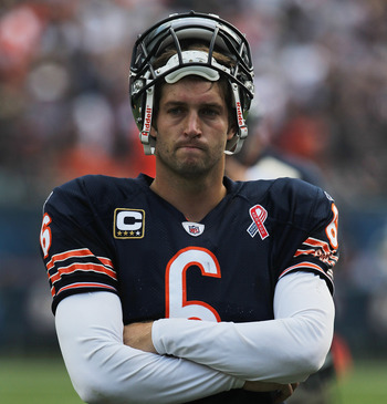 CHICAGO, IL - SEPTEMBER 11: Jay Cutler #6 of the Chicago Bears waits for officials to make a replay call against the Atlanta Falcons at Soldier Field on September 11, 2011 in Chicago, Illinois. The Bears defeated the Falcons 30-12. (Photo by Jonathan Daniel/Getty Images)